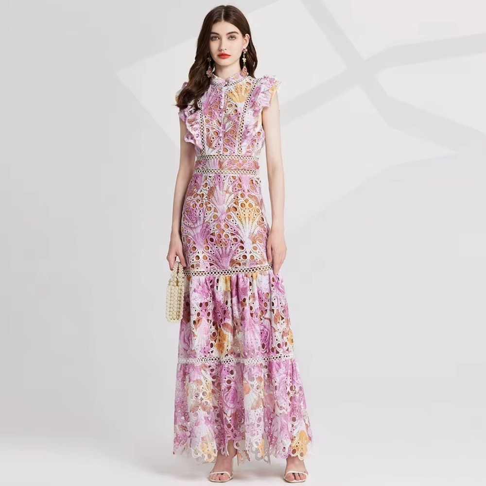 Elegant Boho Pink and Gold Lace Maxi Dress